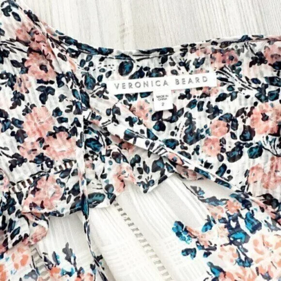 Veronica Beard Amica Floral Ruffle Silk Tiered Skirt Dress White Pink Size 2 - Picture 5 of 12